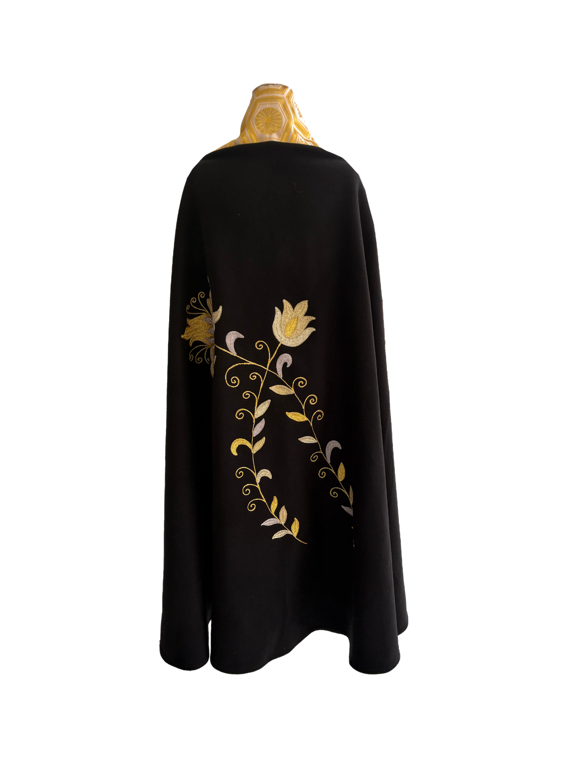 Black Cape With Japanese Silk Trim and Gold Embroidery