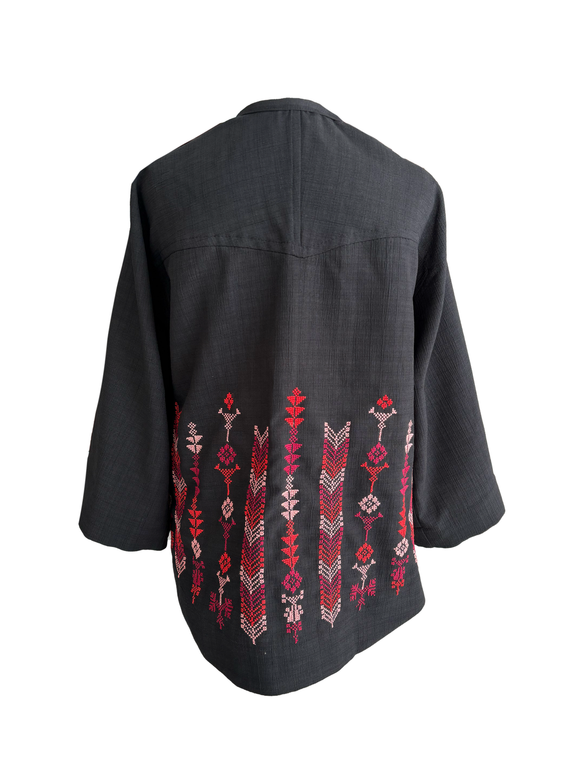 The Kimono Cut Jacket With Light Embroidery in Black with Pink and Red