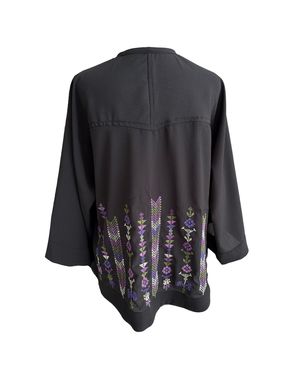The Kimono Cut Jacket With Light Embroidery in Sheer Black with Purple
