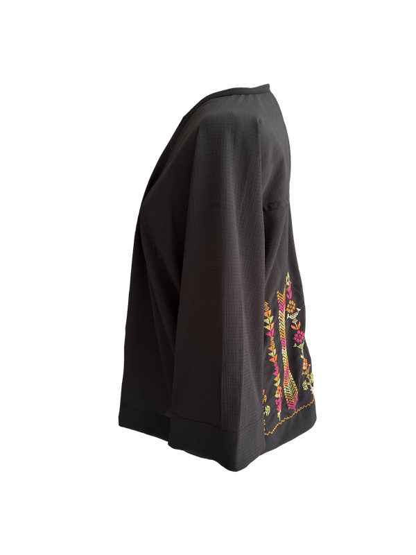 The Kimono Cut Jacket With Light Embroidery in Sheer Black with Pink and Green