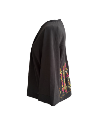 The Kimono Cut Jacket With Light Embroidery in Sheer Black with Pink and Green