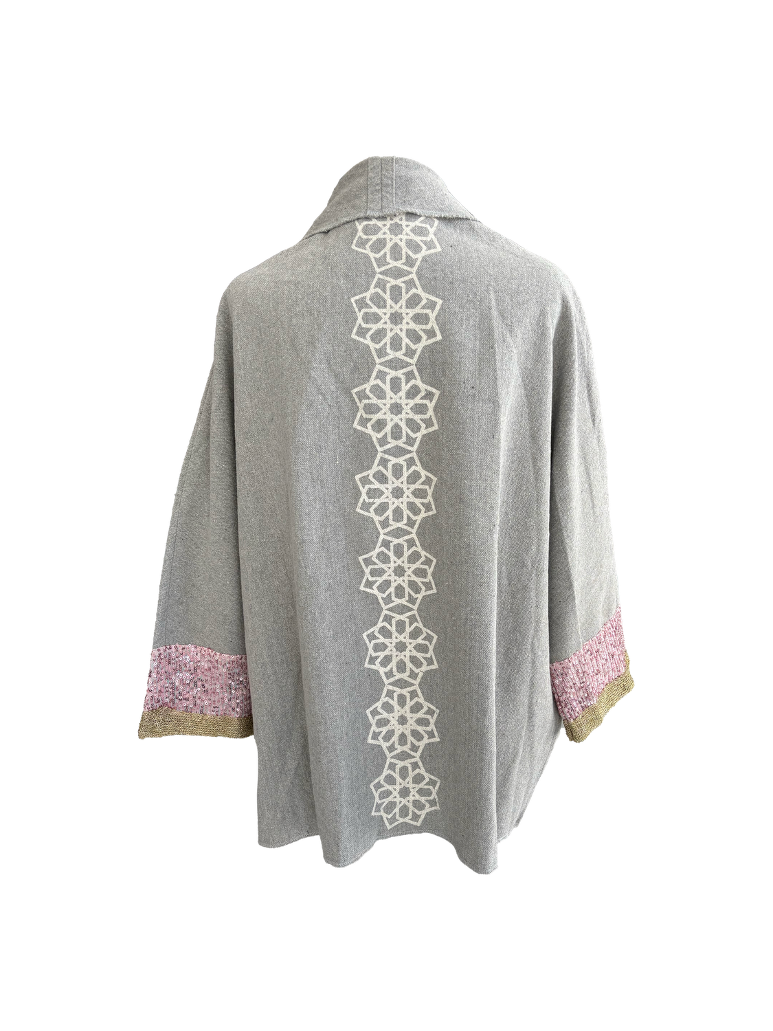 The Round Jacket With Silkscreen in Light Grey, Embroidery Style: Pink Sequins with Gold Trim