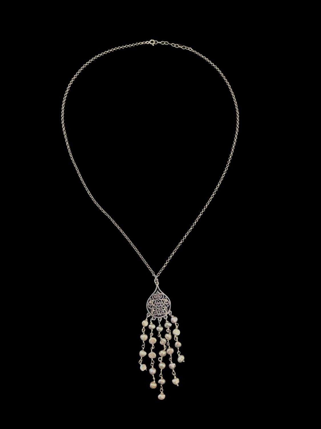 Small Silver Arabesque Necklace with Pearl Shower Tassel