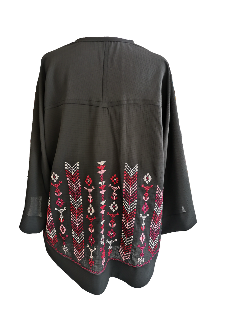 The Kimono Cut Jacket With Light Embroidery in Sheer Black with Pink