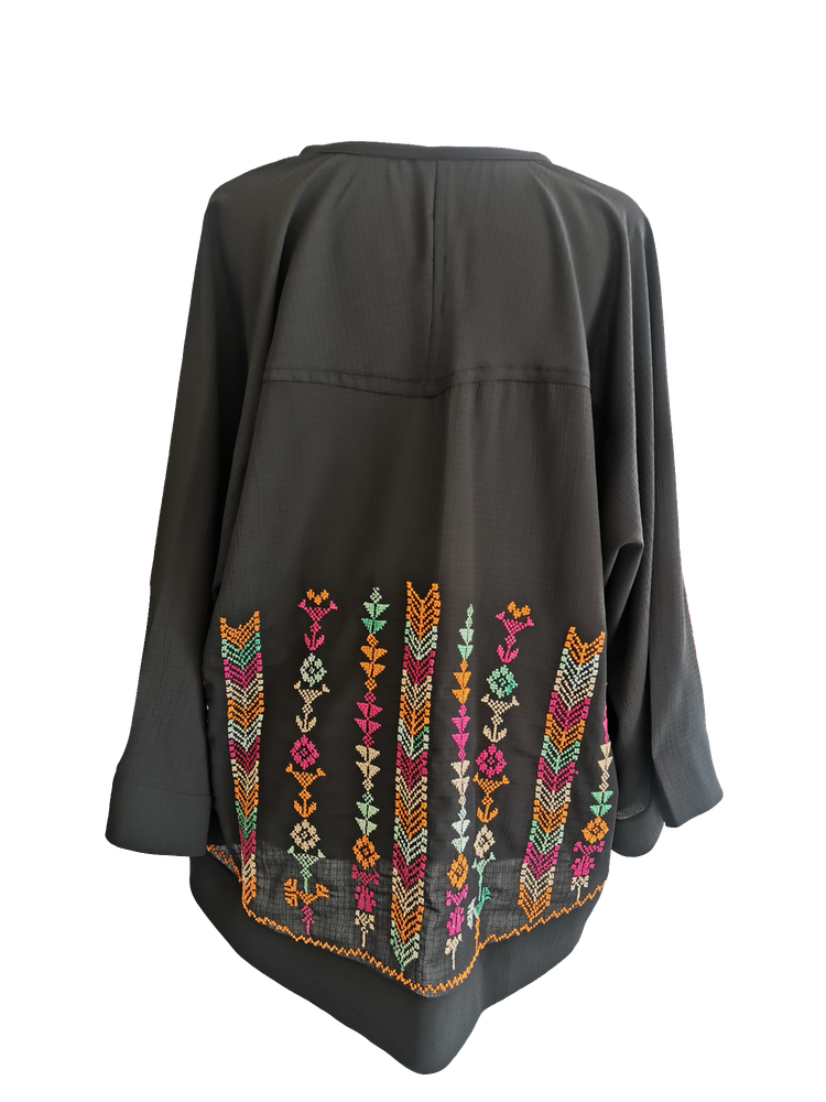 The Kimono Cut Jacket With Light Embroidery in Sheer Black with Pink, Orange and Turquoise