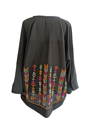 The Kimono Cut Jacket With Light Embroidery in Sheer Black with Pink, Orange and Turquoise