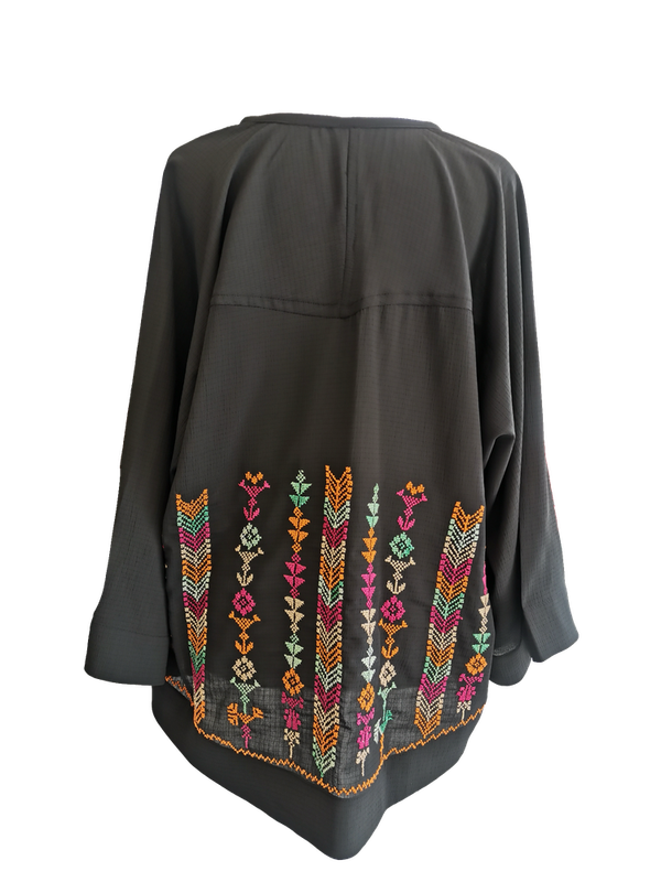 The Kimono Cut Jacket With Light Embroidery in Sheer Black with Pink, Orange and Turquoise