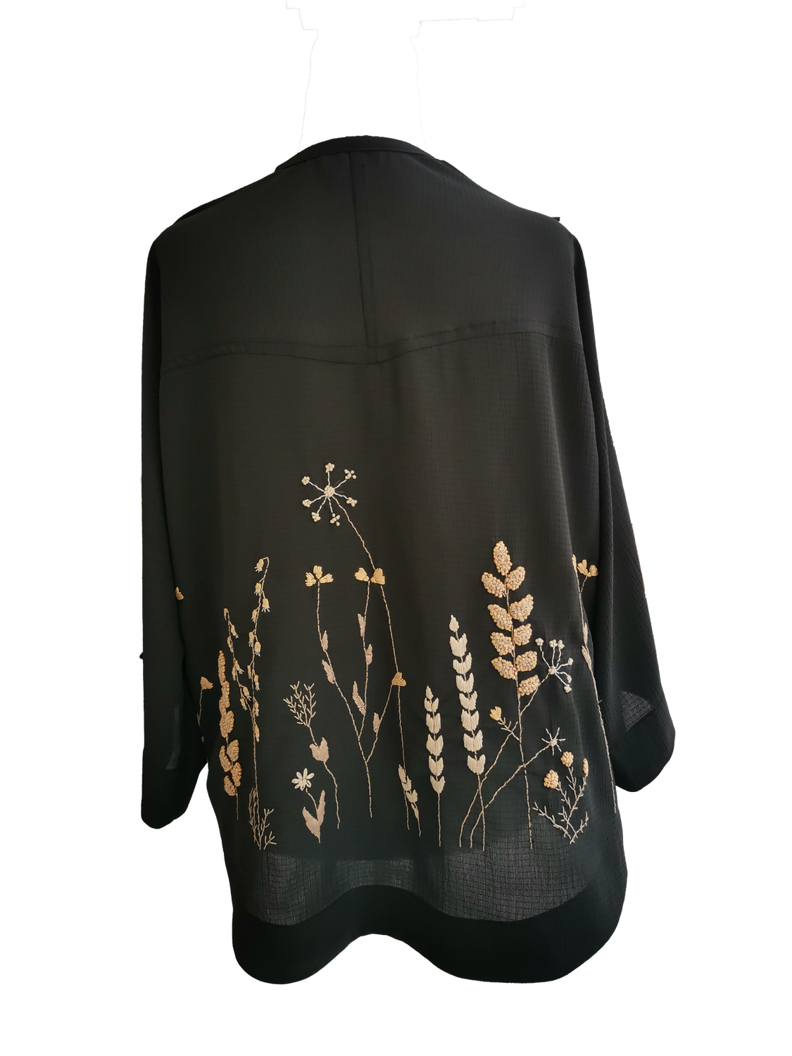 Nadia Dajani x UNHCR Kimono Cut Jacket in Sheer Black With Beige Hand Embroidery