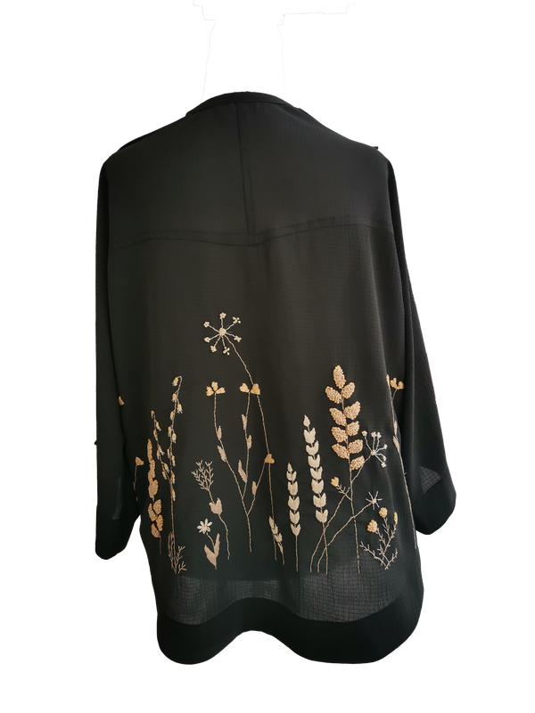 Nadia Dajani x UNHCR Kimono Cut Jacket in Sheer Black With Beige Hand Embroidery