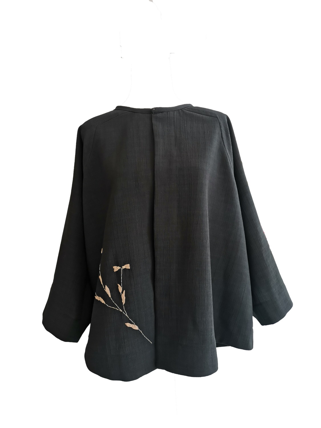 Nadia Dajani x UNHCR Kimono Cut Jacket in Black With Beige Hand Embroidery