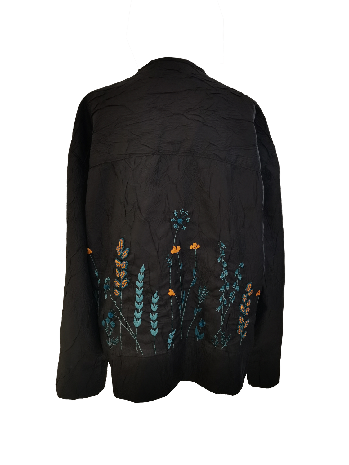 Nadia Dajani x UNHCR Nylon Shirt with Blue and Orange Hand Embroidery on the Back