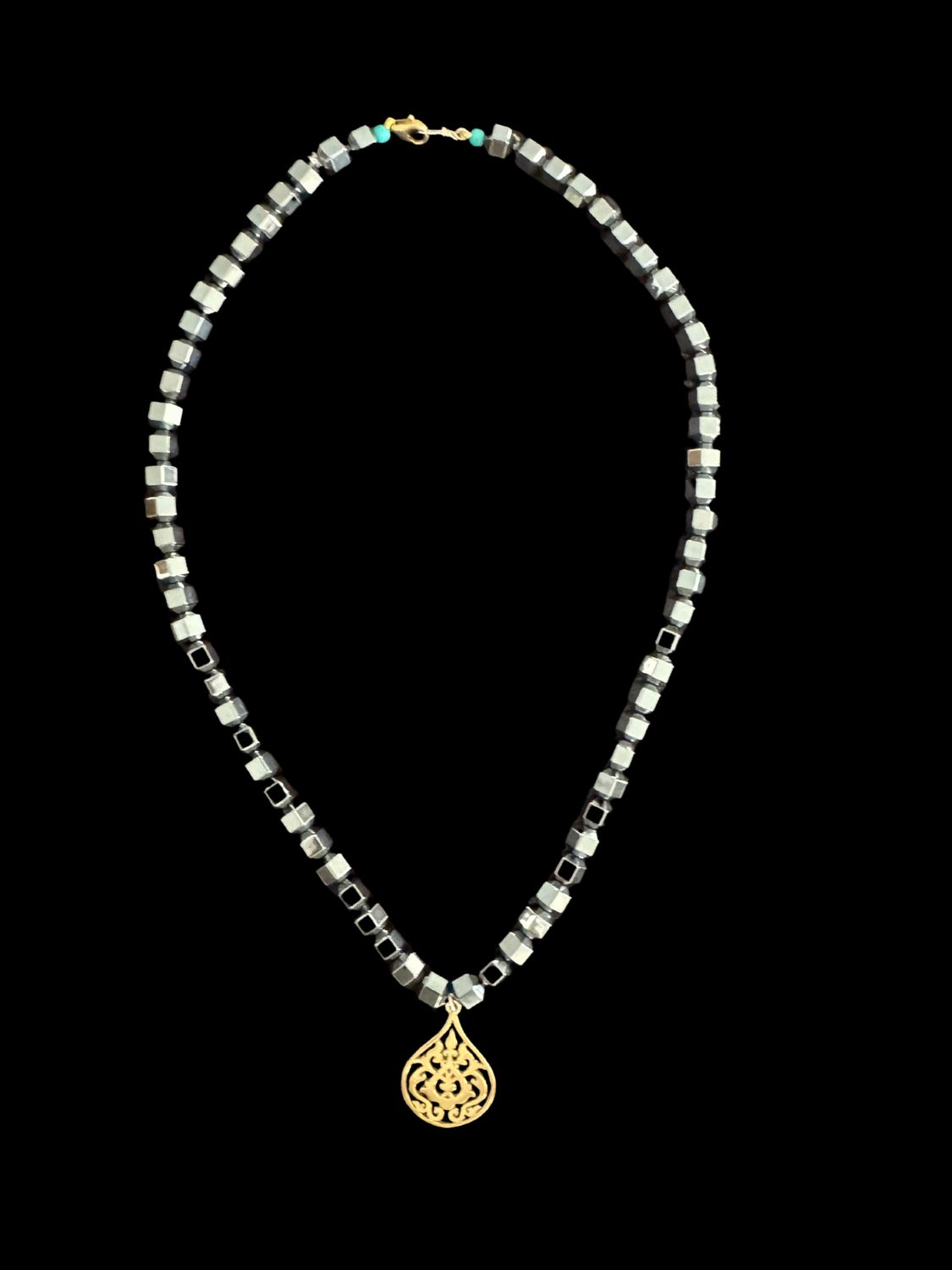 Pyrite Necklace With Small Gold Plated Arabesque Pendant