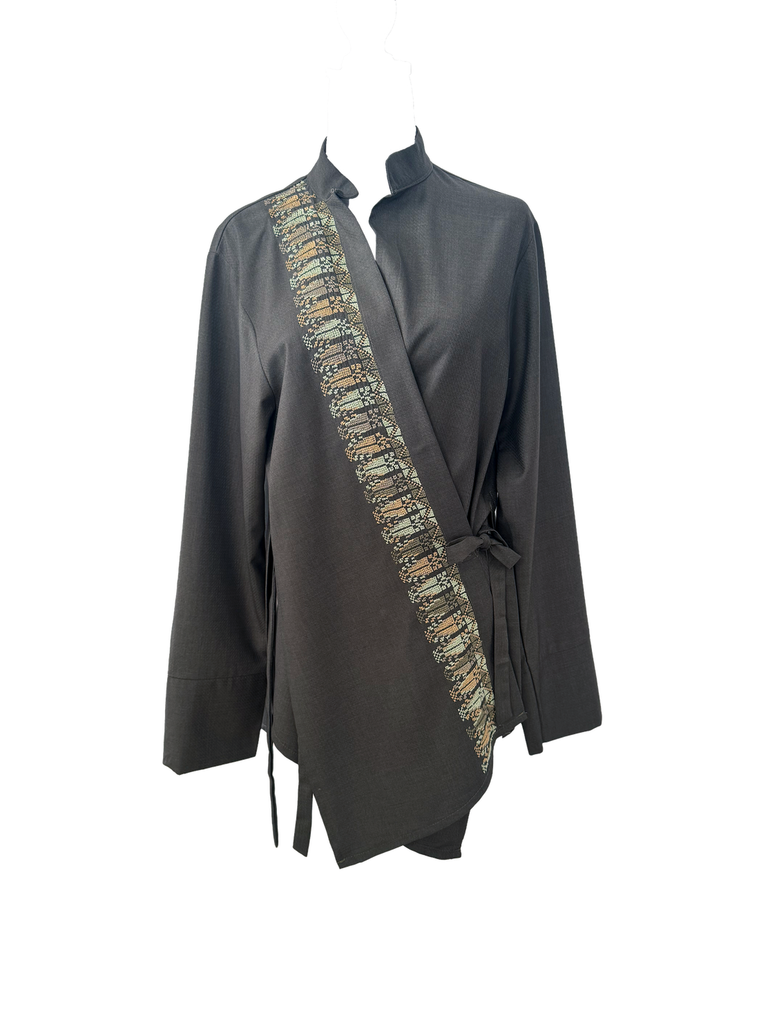 The Hand Embroidered Wrap Shirt in Grey With Front Embroidery