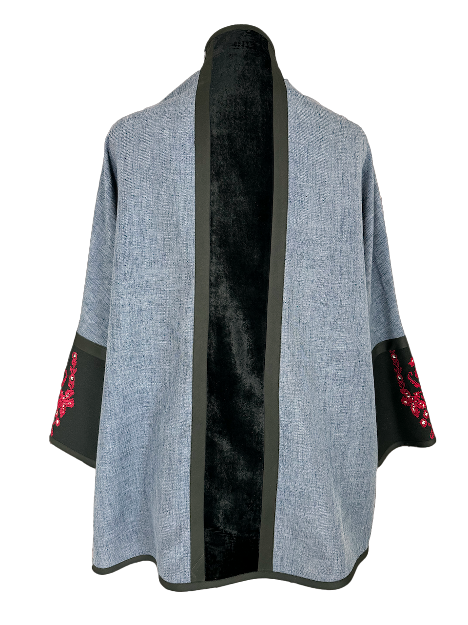 The Round Jacket With Velvet in Blue, Embroidery Style: Red 1