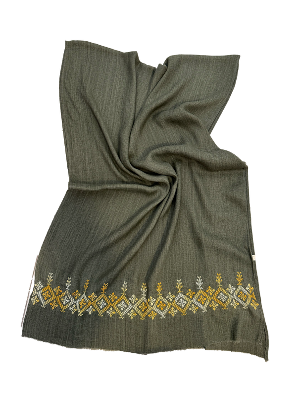 The Lightly Embroidered Scarf in Olive Green