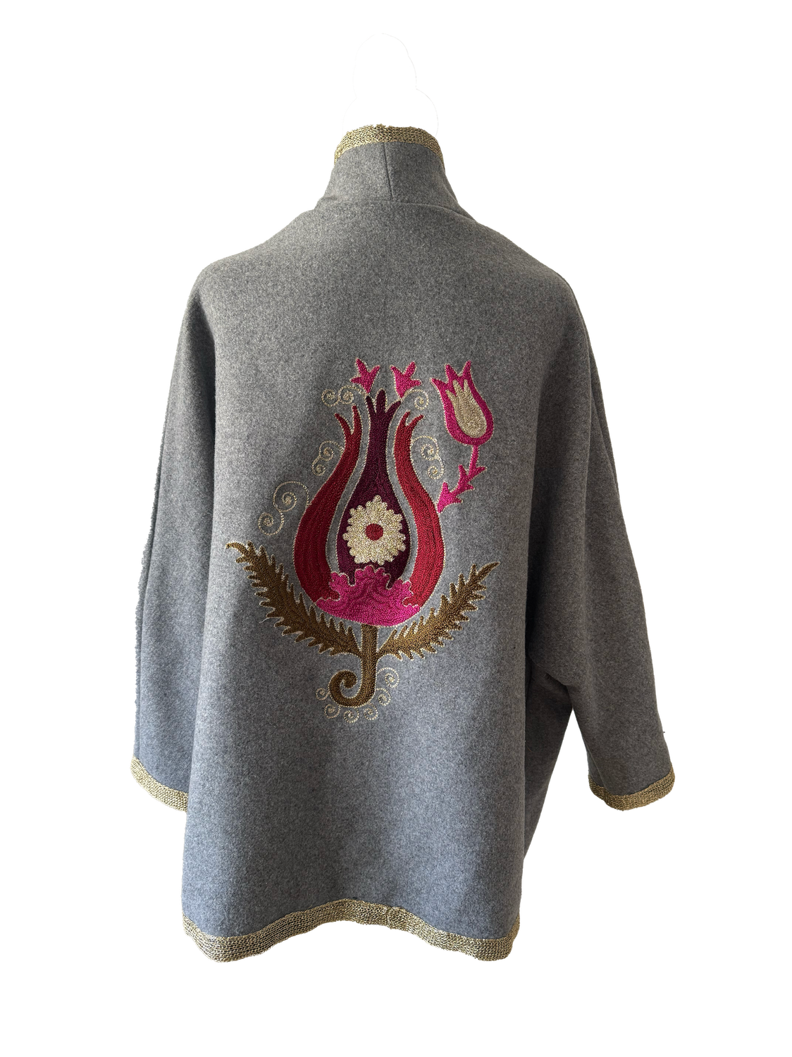 The Round Jacket With Aghabani Embroidery in Grey with Gold Trim and Pink Tulip Embroidery on the Back