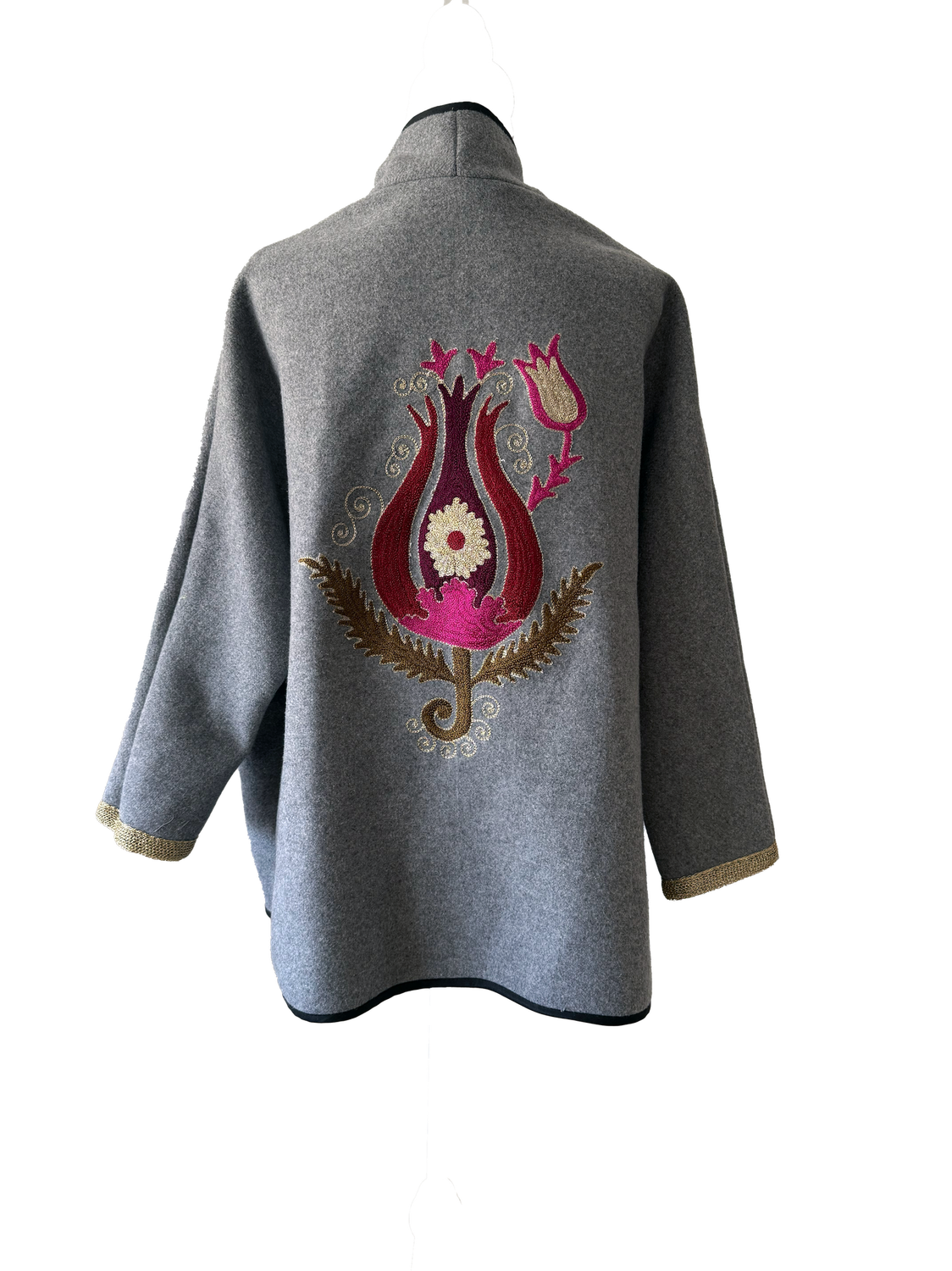 The Round Jacket With Aghabani Embroidery in Grey with Pink Tulip Embroidery on the Back