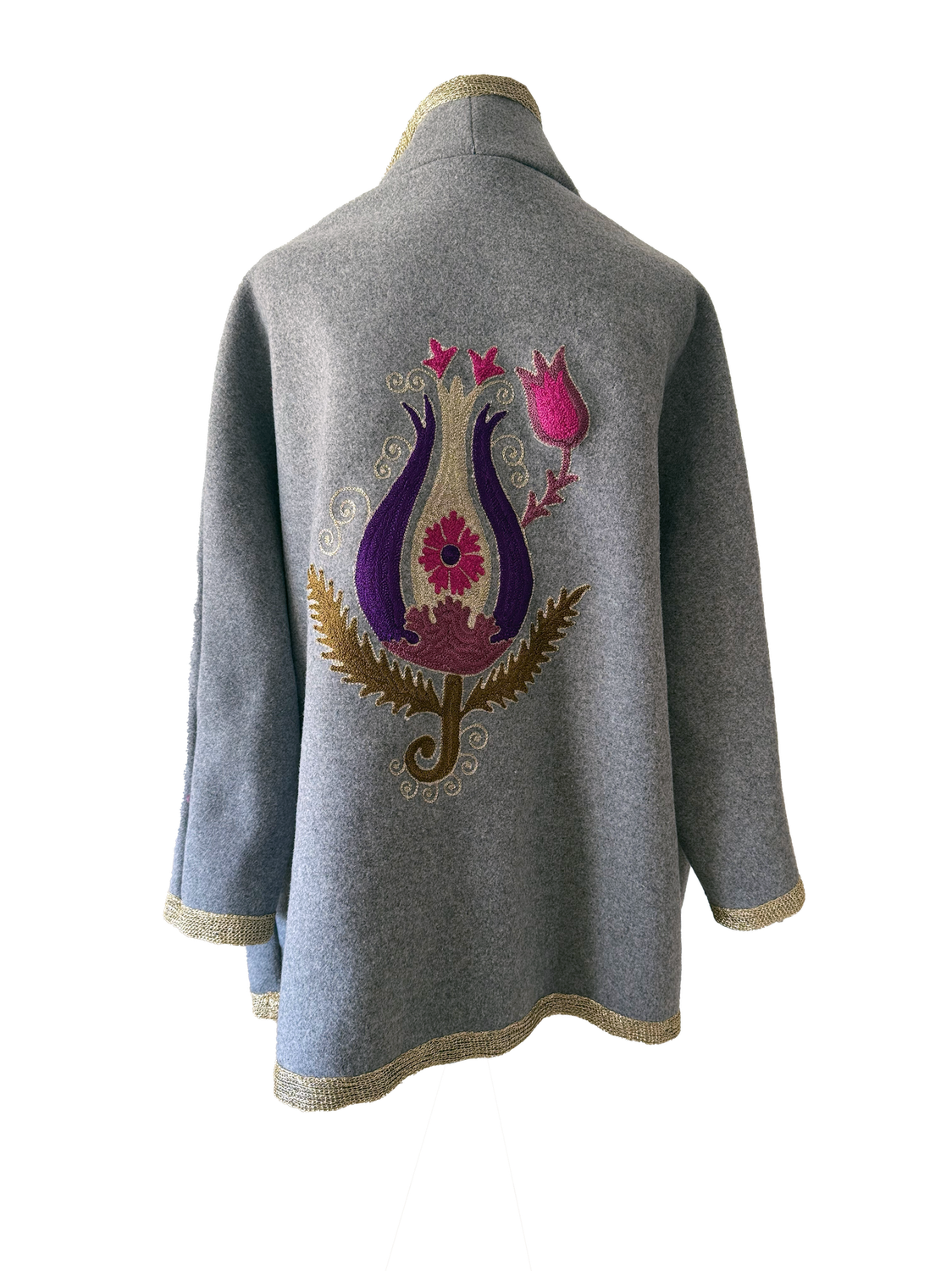 The Round Jacket With Aghabani Embroidery in Grey with Gold Trim and Purple Tulip Embroidery on the Back