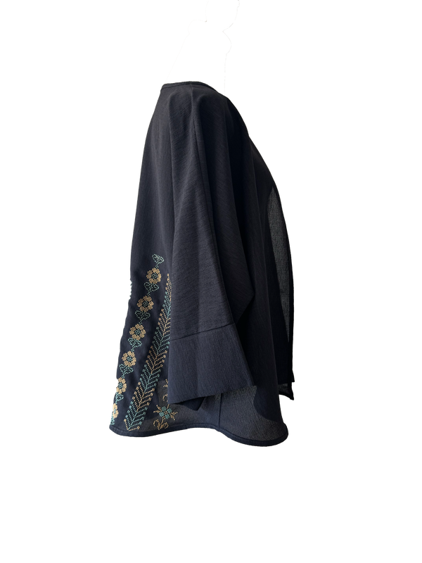 The Oversized Kimono Cut Jacket With Yellow Embroidery in Dark Charcoal