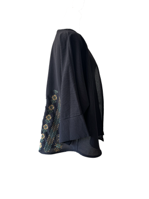 The Oversized Kimono Cut Jacket With Yellow Embroidery in Dark Charcoal
