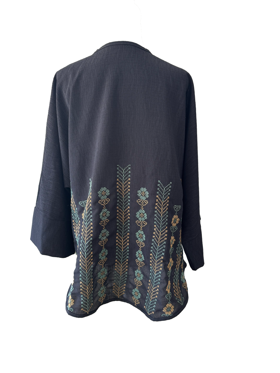 The Oversized Kimono Cut Jacket With Blue and Yellow Embroidery in Dark Charcoal