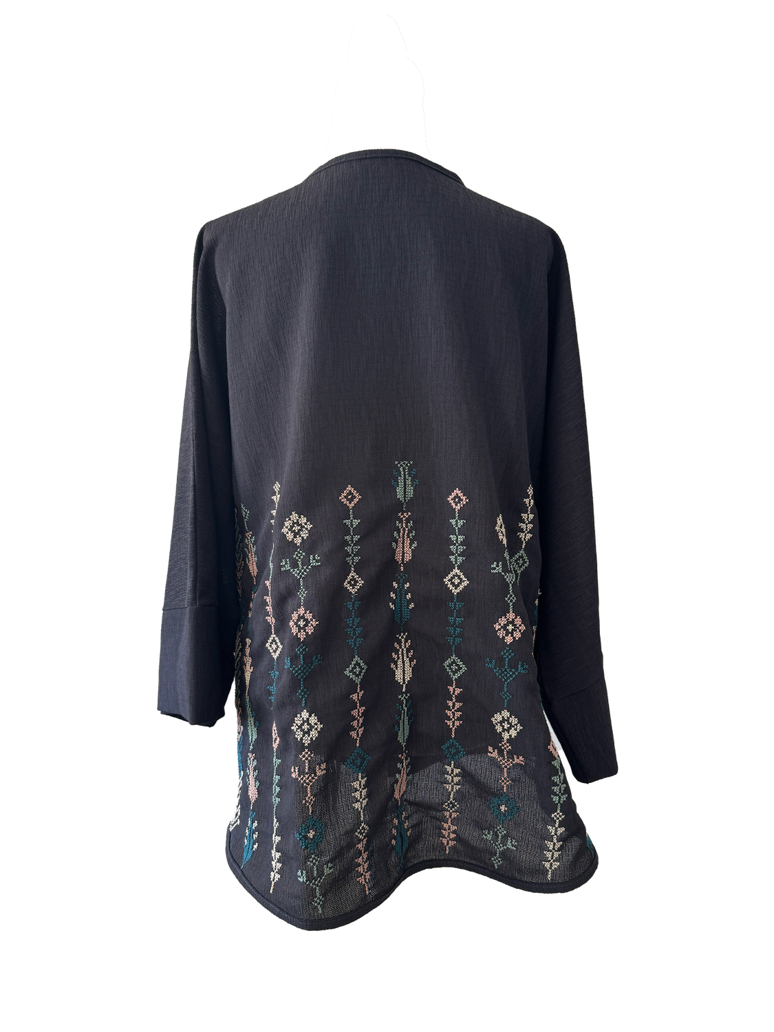 The Oversized Kimono Cut Jacket With Pastel Embroidery in Dark Charcoal