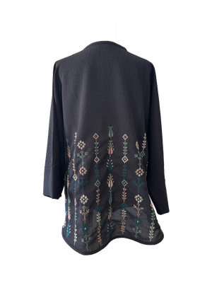 The Oversized Kimono Cut Jacket With Pastel Embroidery in Dark Charcoal