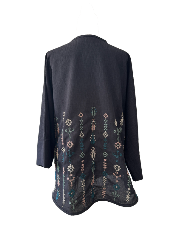 The Oversized Kimono Cut Jacket With Pastel Embroidery in Dark Charcoal