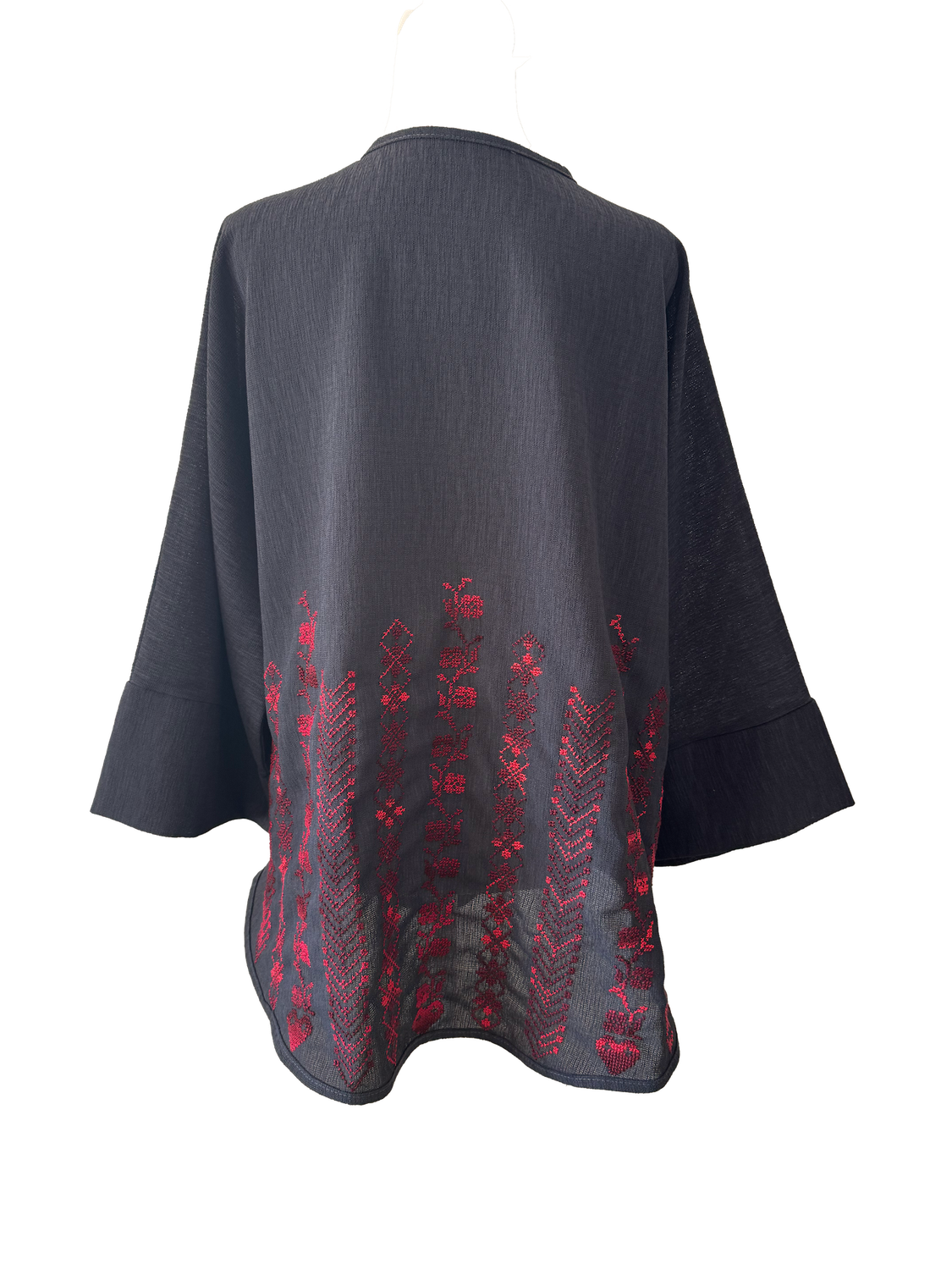 The Oversized Kimono Cut Jacket With Red Embroidery in Dark Charcoal