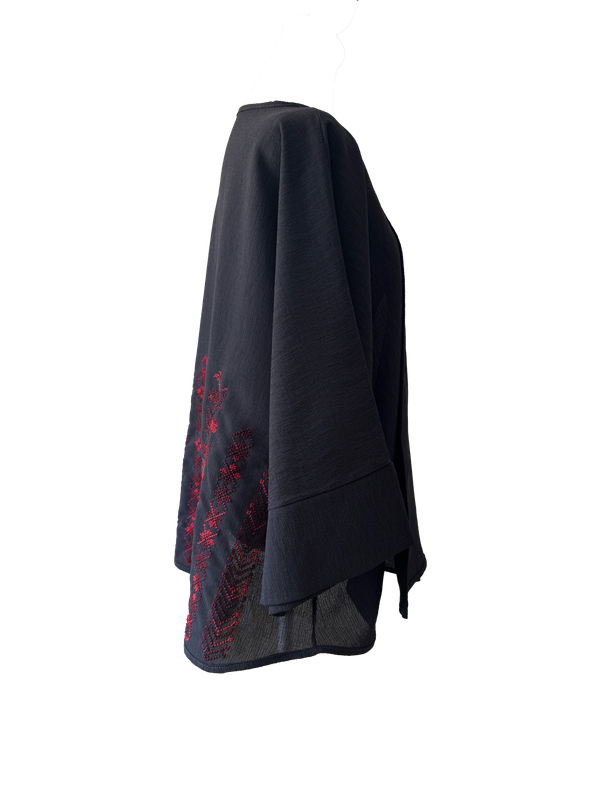 The Oversized Kimono Cut Jacket With Red Embroidery in Dark Charcoal