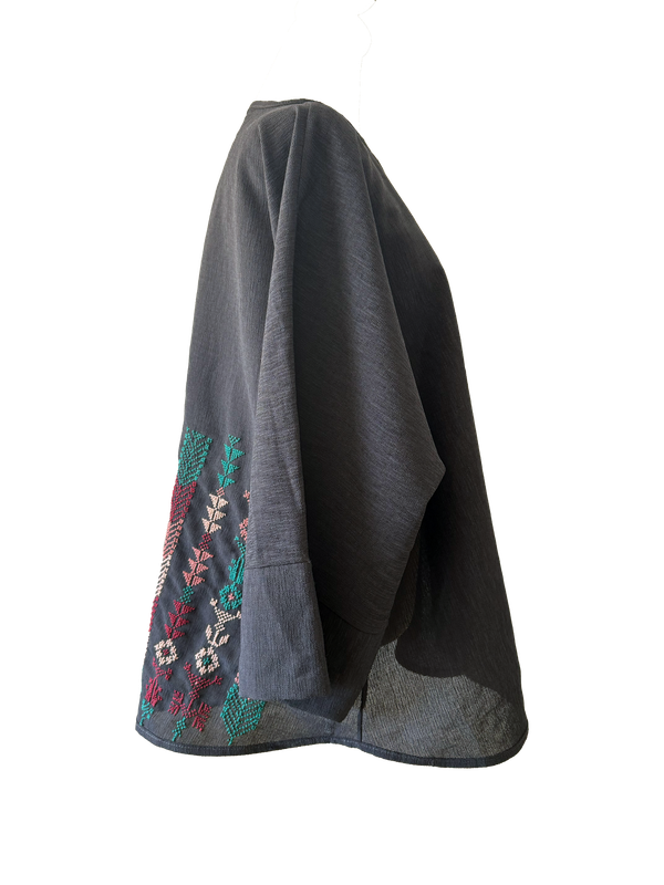 The Oversized Kimono Cut Jacket With Teal and Burgundy Embroidery in Dark Charcoal