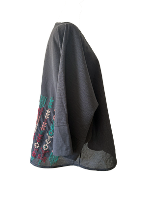 The Oversized Kimono Cut Jacket With Teal and Burgundy Embroidery in Dark Charcoal