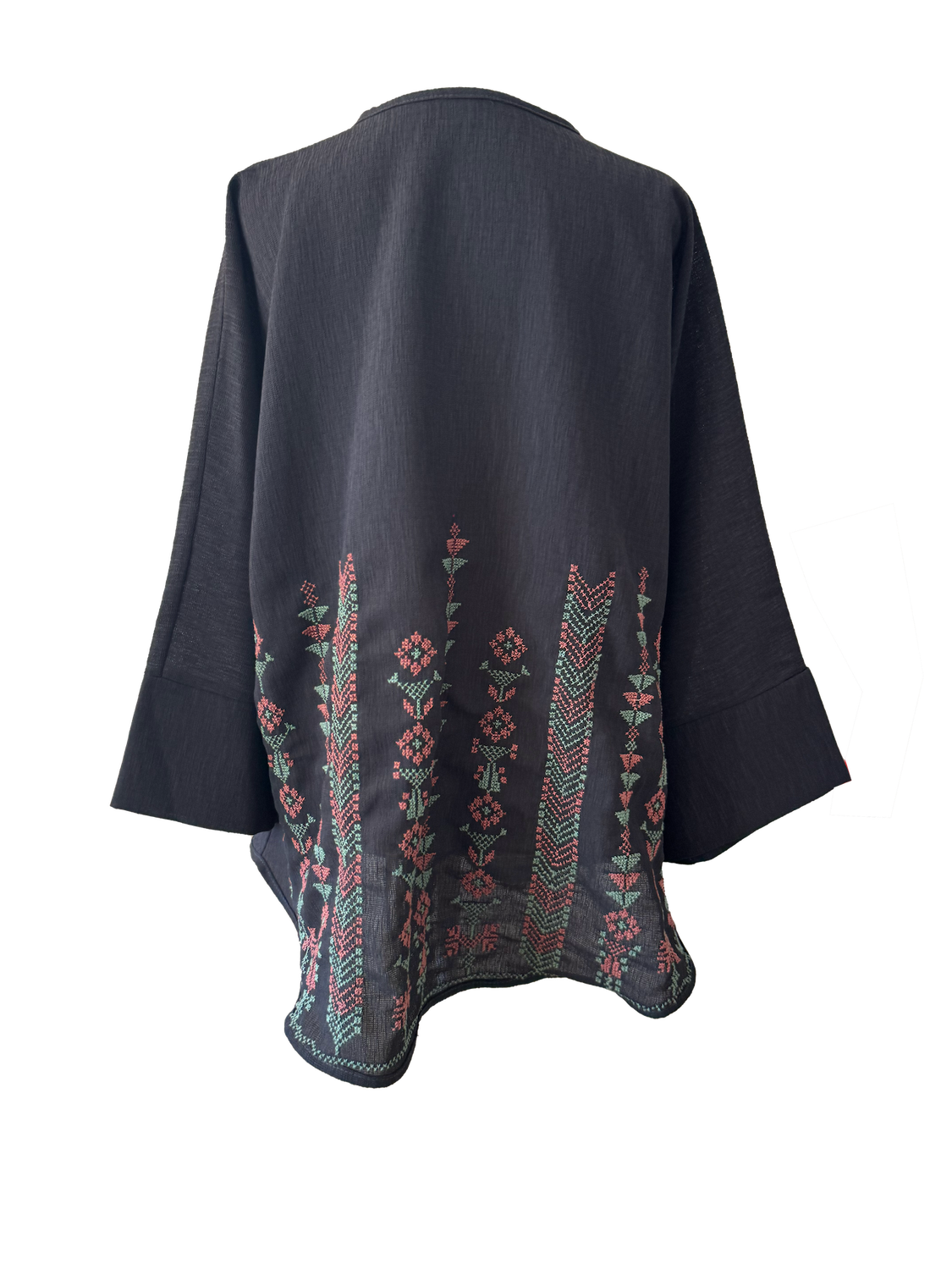 The Oversized Kimono Cut Jacket With Pink and Blue Embroidery in Dark Charcoal
