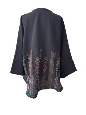 The Oversized Kimono Cut Jacket With Pink and Blue Embroidery in Dark Charcoal
