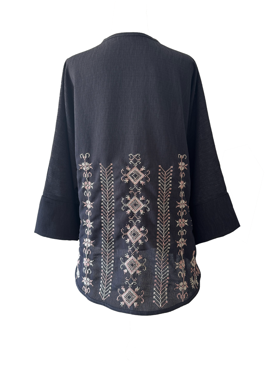 The Oversized Kimono Cut Jacket With Pastel Pink Embroidery in Dark Charcoal