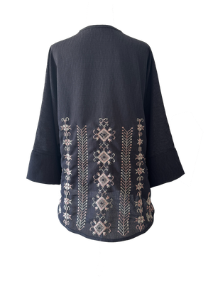 The Oversized Kimono Cut Jacket With Pastel Pink Embroidery in Dark Charcoal