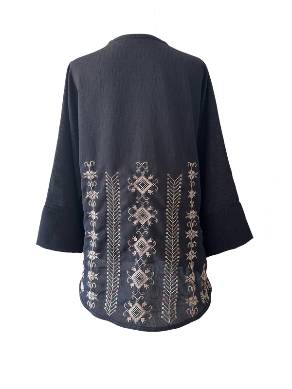 The Oversized Kimono Cut Jacket With Pastel Pink Embroidery in Dark Charcoal