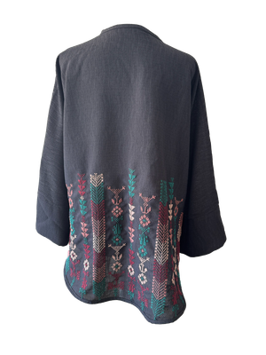The Oversized Kimono Cut Jacket With Teal and Burgundy Embroidery in Dark Charcoal