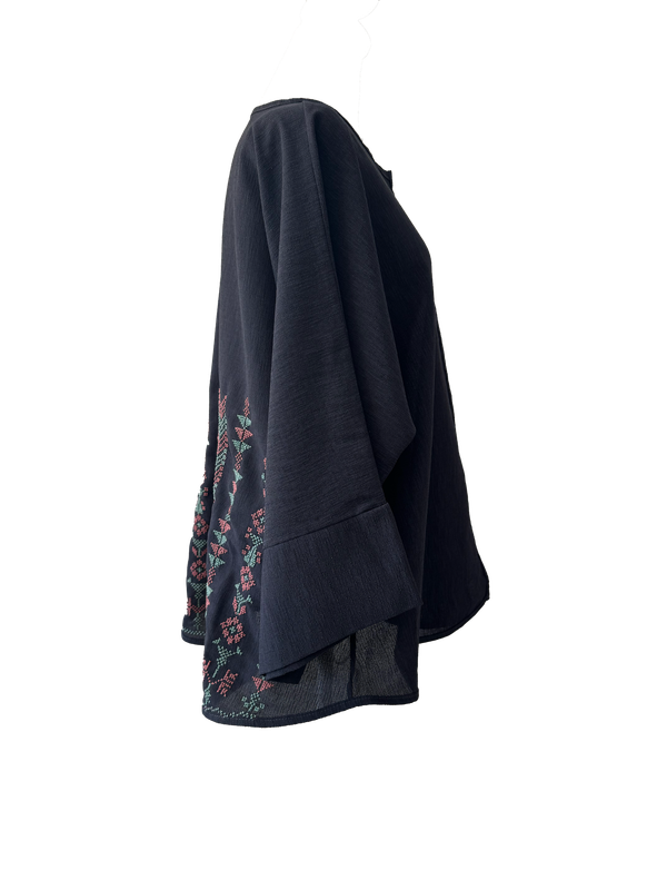 The Oversized Kimono Cut Jacket With Pink and Blue Embroidery in Dark Charcoal