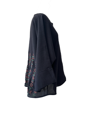 The Oversized Kimono Cut Jacket With Pink and Blue Embroidery in Dark Charcoal