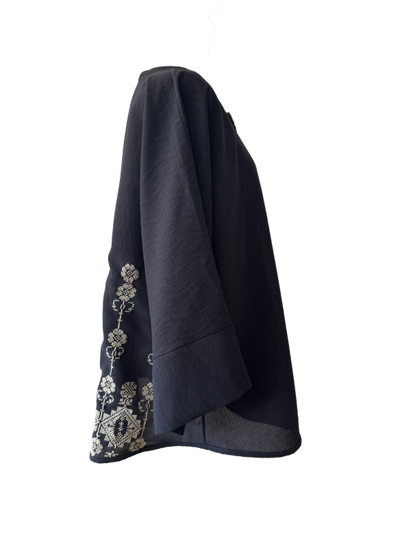 The Oversized Kimono Cut Jacket With White Embroidery in Dark Charcoal