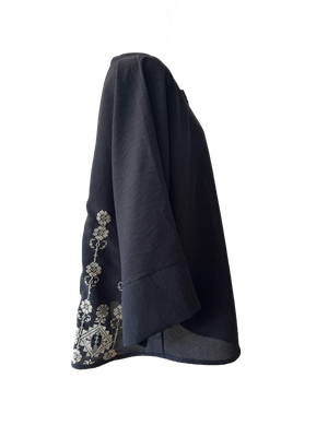 The Oversized Kimono Cut Jacket With White Embroidery in Dark Charcoal
