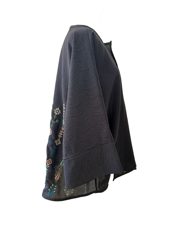 The Oversized Kimono Cut Jacket With Pastel Embroidery in Dark Charcoal