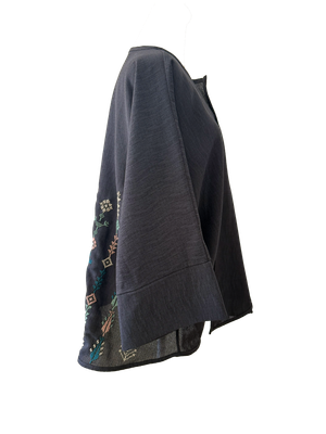 The Oversized Kimono Cut Jacket With Pastel Embroidery in Dark Charcoal