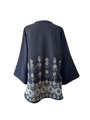 The Oversized Kimono Cut Jacket With White Embroidery in Dark Charcoal