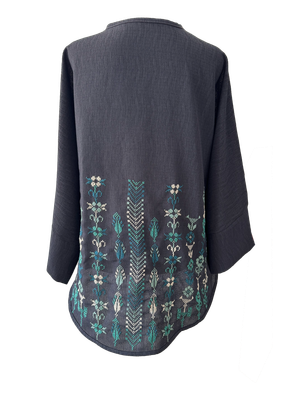 The Oversized Kimono Cut Jacket With Blue Embroidery in Dark Charcoal