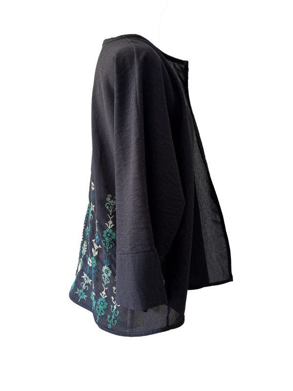 The Oversized Kimono Cut Jacket With Blue Embroidery in Dark Charcoal