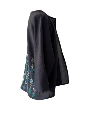 The Oversized Kimono Cut Jacket With Blue Embroidery in Dark Charcoal
