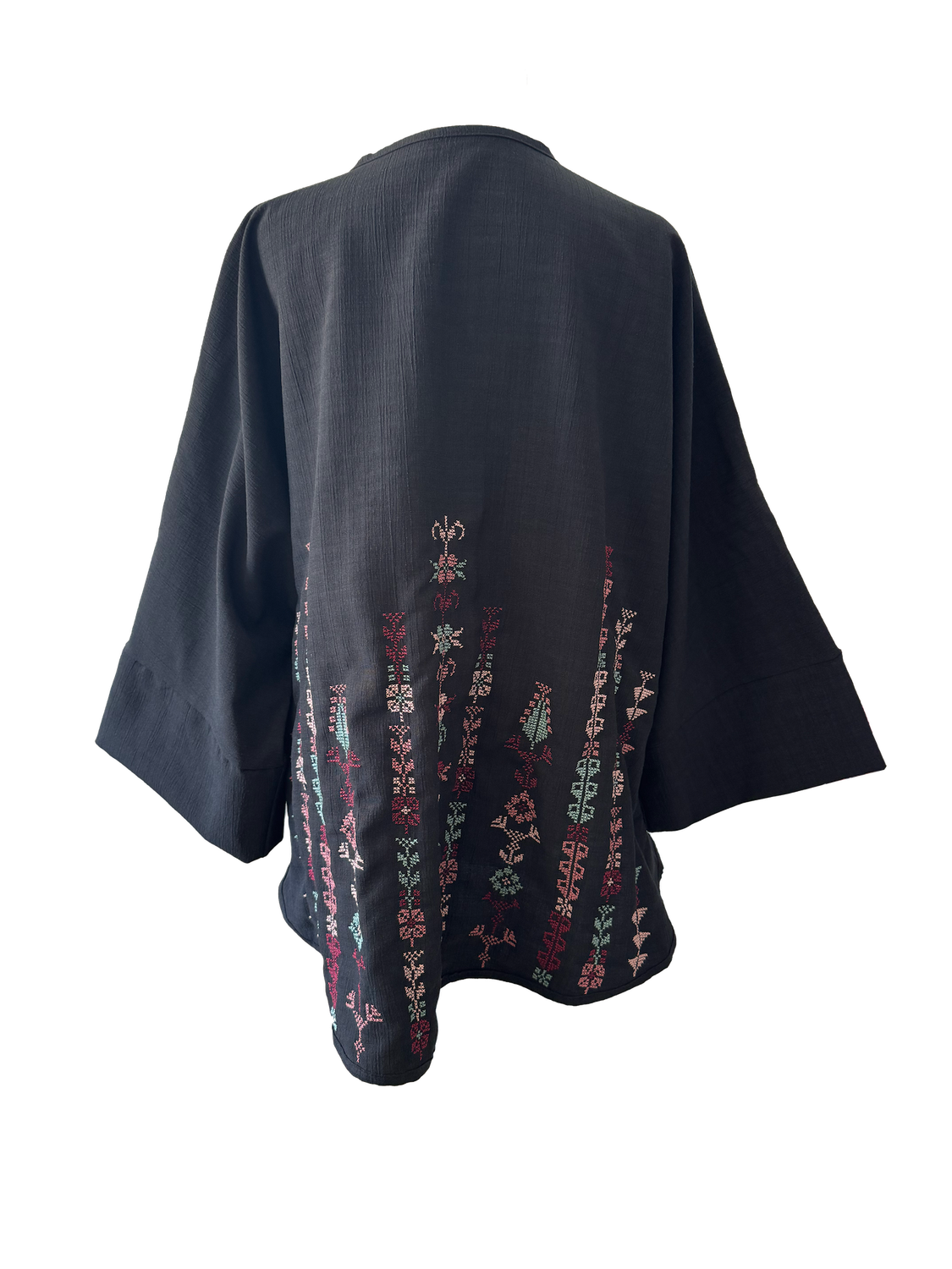 The Oversized Kimono Cut Jacket With Pastel Embroidery in Black