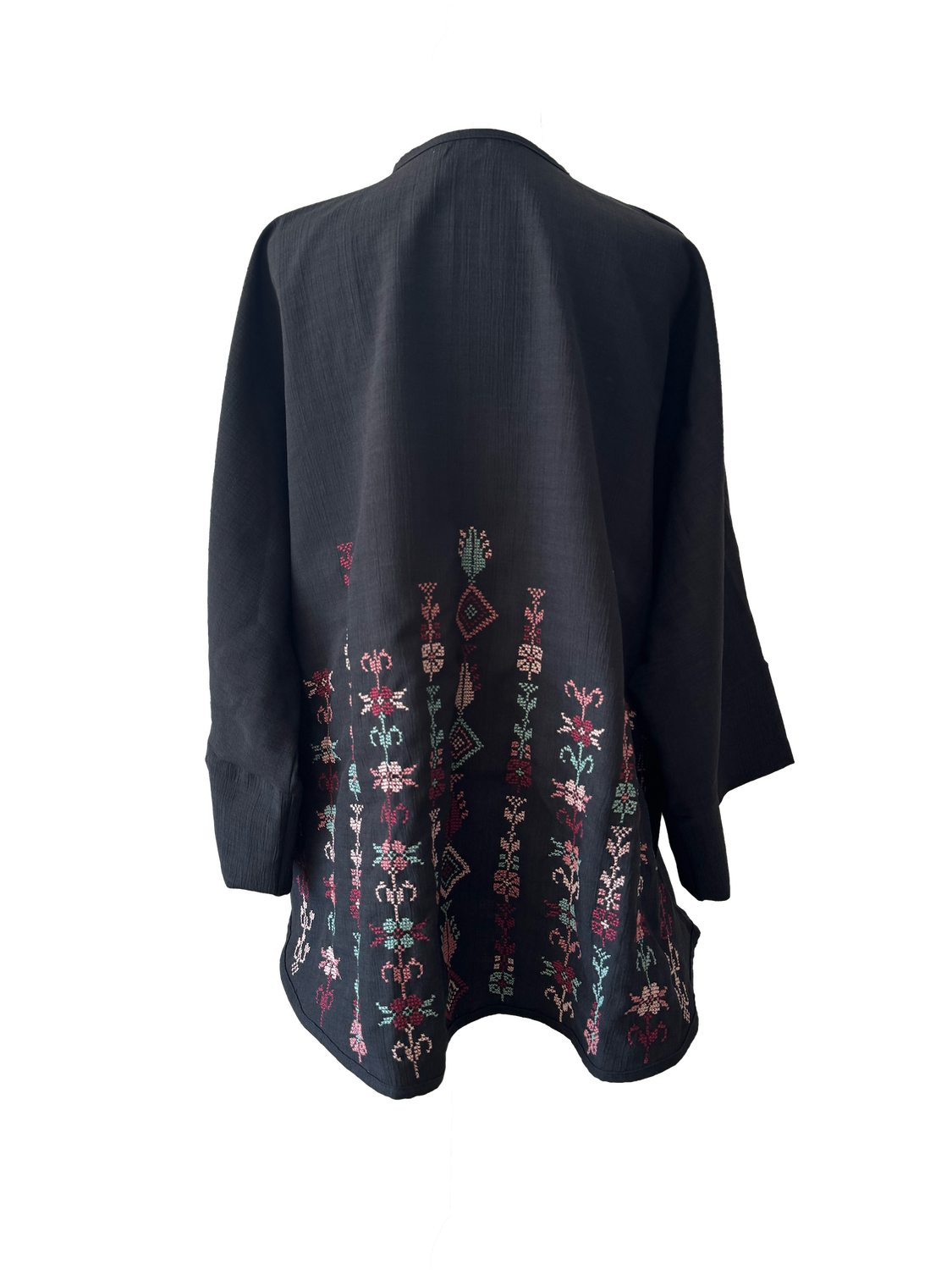 The Oversized Kimono Cut Jacket With Pastel Mix Embroidery in Black